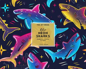Summer Neon Shark Seamless Digital Paper for Fabric Printing, Marine Ocean Fish Beach Seamless Repeat Sublimation Design Boys seamless Print