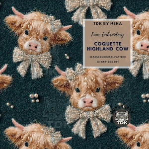 Coquette Bow Highland Cow Seamless File, Girly Cow Embroidery seamless pattern for Fabric Printing, 3D Winter Digital Paper Seamless Repeat