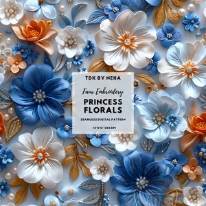 3D Prinzessin Floral Faux Stickerei Nahtloses digitales Papier für Stoffdruck, magische Blume 3D nahtlose Muster wiederholen Sublimation Design