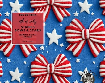 Coquette 4th of July Seamless Digital Paper for Fabric Print, USA Patriotic Red White Blue Bows and Stars Seamless Repeat Sublimation Design