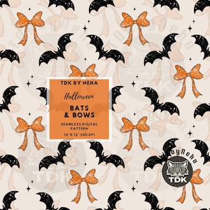 May include: A seamless digital pattern featuring black bats and orange bows with a spiderweb texture on a light beige background. A central orange square contains the text TDK BY NEHA Halloween BATS & BOWS SEAMLESS DIGITAL PATTERN 12" X 12" 300 DPI.