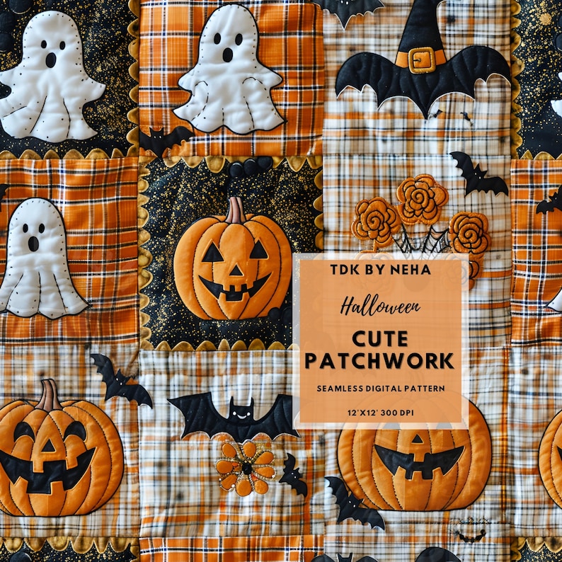 Fall Halloween Patchwork Seamless Digital Paper Fabric Print, Cute ...