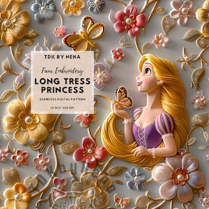 Lange Tress Prinzessin Faux Stickerei Nahtloses digitales Papier für Stoffdruck, Floral Boho Princess Musterdesign wiederholen Sublimation Design