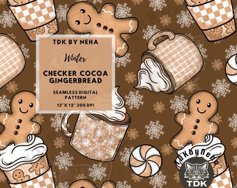 May include: A seamless digital pattern with winter illustrations. The design features gingerbread men, coffee cups, mugs, and peppermint candies on a brown background. The text reads "Winter Checker Cocoa Gingerbread".