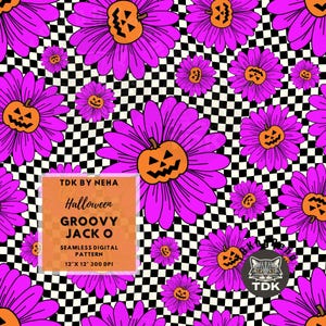 Halloween Groovy Floral Jack o Lanterns Seamless Digital Paper Fabric Print, Spooky Checkered Pumpkin Seamless PNG Repeat Sublimation Design