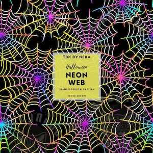 Peut inclure: Un motif numérique sans couture représentant des toiles d'araignées de couleur néon sur un fond noir. Le texte "Halloween Neon Web" est dans un encadré jaune.