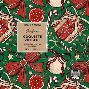 Retro Vintage Traditional Christmas Seamless File, Glitter Red and Green Christmas seamless pattern, Coquette Bow Christmas Digital Paper