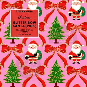 Carta digitale con fiocco di Babbo Natale con glitter retrò, motivo natalizio rosa senza soluzione di continuità, Babbo Natale carino senza soluzione di continuità, albero di Natale con pino per bambine