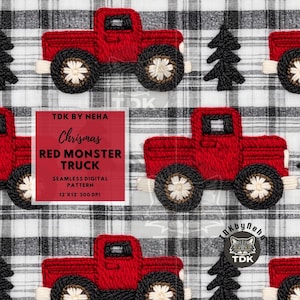 Impression transparente de broderie de camion de Noël rouge, Monster Truck sur papier numérique de Noël 3D sans couture à carreaux pour sublimation de tissu