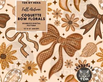 Höst Boho Coquette Rosett Sömlöst Mönster Digitalt Papper för Tygtryck, Neutral Girly Höstlöv Blommig Upprepning Sublimeringsdesign Tapet