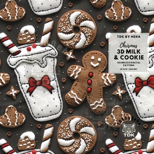 May include: A seamless digital pattern featuring a gingerbread man, a milkshake, and a doughnut. The pattern is designed for Christmas and is 12 inches by 12 inches at 300 DPI.