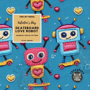 Modello senza cuciture ricamo robot skateboard 3D, bambini San Valentino amore carta digitale senza cuciture, ragazzi San Valentino ripetizione stampa stampa design