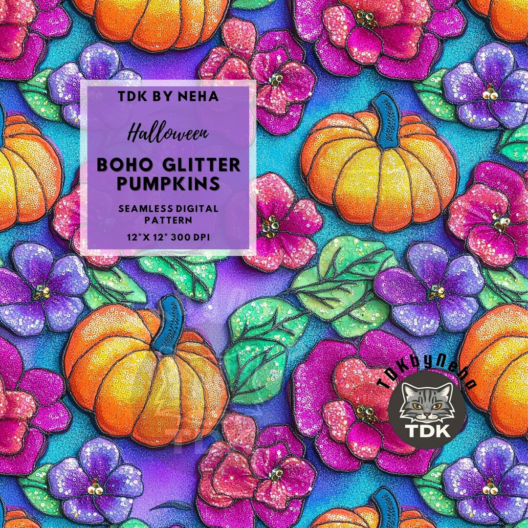Glitter Floral Pumpkins Seamless Digital Paper for Fabric Print ...