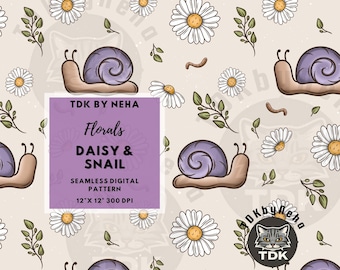 Boho Floral Daisy Snail Seamless Pattern Digital Paper for Fabric Print, Spring Summer Cottagecore Seamless Repeat Sublimation Tumbler Wrap