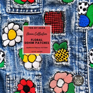 3D Denim Flower Faux Embroidery Seamless Digital Paper Fabric Printing, 3D Jeans Texture Floral Seamless Repeat Sublimation Design Wallpaper