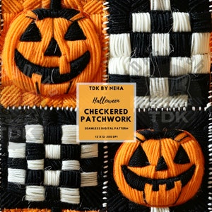 May include: A digital pattern featuring a checkered patchwork design with orange and black jack-o'-lantern faces. The text "TDK by Neha Halloween Checkered Patchwork Seamless Digital Pattern 12"x12" 300 DPI" is displayed on a yellow background.