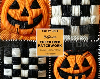 Fall Halloween Checkered Patchwork Seamless Digital Paper Fabric Print Halloween Checks Seamless Pattern Repeat Sublimation Design Wallpaper