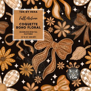Pode incluir: Padrão digital sem costura com tema de outono, apresentando laços, flores e folhas em tons de marrom e dourado sobre um fundo preto. O design inclui o texto "Fall/Autumn" e "Coquette Boho Floral". O padrão mede 30,48 cm x 30,48 cm.