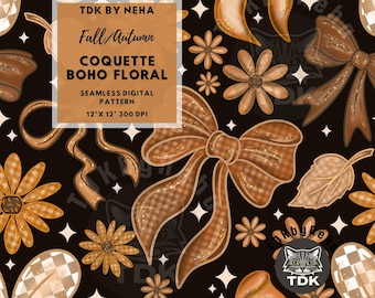 Fall Boho Floral Coquette Bow Seamless Pattern Digital Paper for Fabric Print Autumn Dainty Girly Flowers Seamless Repeat Sublimation Design