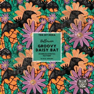 Retro Groovy Halloween Bats Seamless Digital Paper Fabric Print, Fall Floral Seamless Pattern Repeat Sublimation Design Wallpaper Scrapbook