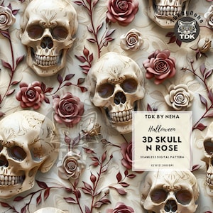 Puede incluir: Un patrón digital sin costuras que presenta cráneos y rosas en 3D. El patrón mide 30,48 cm por 30,48 cm y 300 DPI. Los cráneos son blancos con detalles intrincados y las rosas son de un rojo intenso.