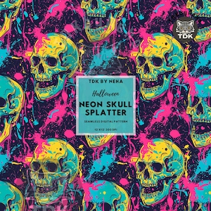 Psychedelic Halloween Skull Seamless Digital Paper Fabric Print, Neon Splatter Skeleton Seamless Repeat Sublimation Design Wallpaper Journal
