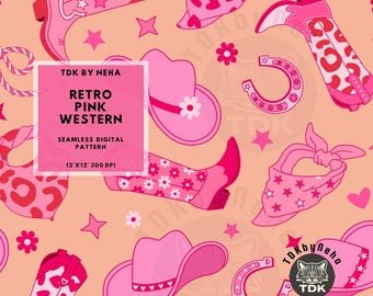 Pink Western Cowgirl Boot Seamless Pattern Digital Paper for Fabric Printing, Girly Retro Boho Western Seamless Repeat Sublimation Design