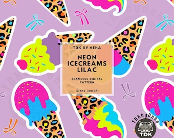 Preppy Spotted Ice Creams Bow Seamless Pattern Digital Paper for Fabric Print, Leopard Spots Summer Neon Seamless Repeat Sublimation Design