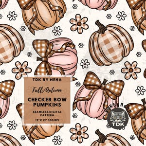 Jesienny boho kratka kokietka kokarda dynia bezszwowy wzór cyfrowy papier do nadruku na tkaninie, jesienna dziewczyna stokrotka krata powtarza sublimację projekt
