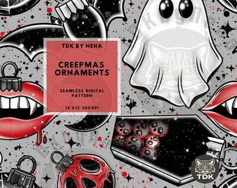 Gruselige Creep-Mas Verzierung Nahtloses Muster, Halloween nahtloses Muster, Weihnachtsfledermaus-Geist Nahtloses digitales Papier für Sublimations-Tapete