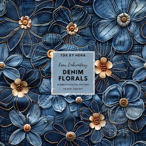 Denim Floral Faux Embroidery Seamless Digital Paper Fabric Printing, 3D Jeans Texture Flower Seamless Repeat Sublimation Design Wallpaper