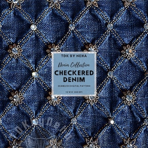 Checkered Denim Floral Faux Embroidery Seamless Digital Paper for Fabric Printing, Jeans Texture Glitter Seamless Repeat Sublimation Design