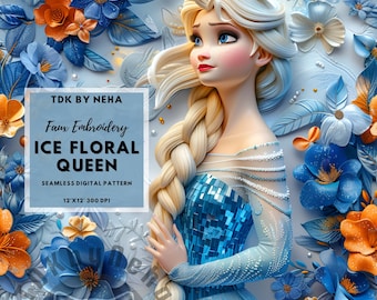 3D Ice Princess Faux Embroidery Seamless Digital Paper for Fabric Print, Floral Magical Queen 3D Seamless Pattern Repeat Sublimation Design
