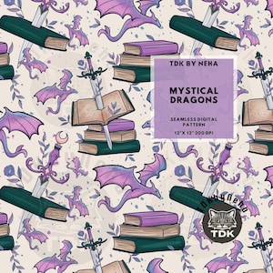 Libro magico con drago, motivo senza cuciture per stampa su tessuto, lettura, carta digitale, fantasia, libro, sublimazione, amore, carta da parati avvolgente