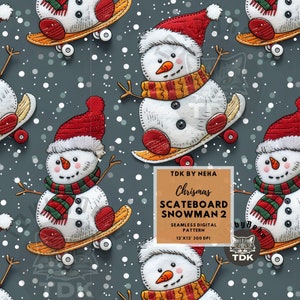 Christmas Skateboard Snowman Embroidery Seamless Digital Paper for Fabric Print, 3D Xmas seamless Sublimation File Craft Wallpaper Gift Wrap