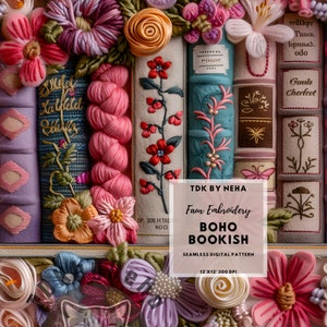 Modello senza cuciture Boho Bookish 3D Lettura Finto Ricamo Carta digitale Download immediato Sublimazione POD File floreale per amanti dei libri A tema libro