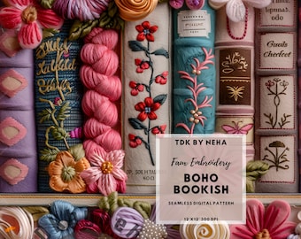 Boho Bookish seamless pattern 3D Reading Faux Embroidered digital paper instant download Sublimation POD floral book lover file Book Themed