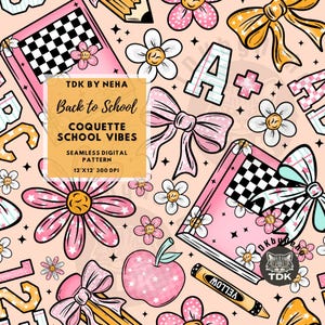 Back to School Seamless Pattern for Fabric Sublimation Girly Coquette Bow Preppy Books Color Seamless Digital Paper Repeat Design Wallpaper