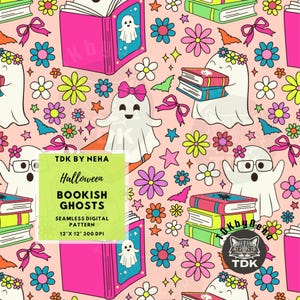Floral Bookish Ghosts Seamless Pattern for Fabric Printing Reading Digital Paper Pink Halloween Library Books Ghouls Sublimation book lover