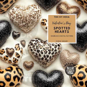 Modello senza cuciture con ricamo a cuore di San Valentino, stampa senza cuciture con cuori leopardati glitterati, carta digitale Love Valentines per sublimazione