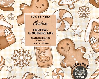 May include: A seamless digital pattern with festive gingerbread cookies and Christmas decorations. The design includes gingerbread men, houses, snowflakes, and candy canes in brown and white. The pattern is 30.48 cm x 30.48 cm and 300 DPI.