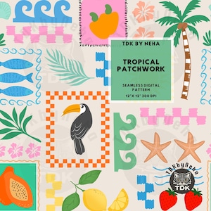 May include: A tropical-themed seamless digital pattern. The design includes a toucan, palm trees, starfish, and various fruits and flowers. The pattern features the text "TROPICAL PATCHWORK" and is 30.48 cm x 30.48 cm at 300 DPI.