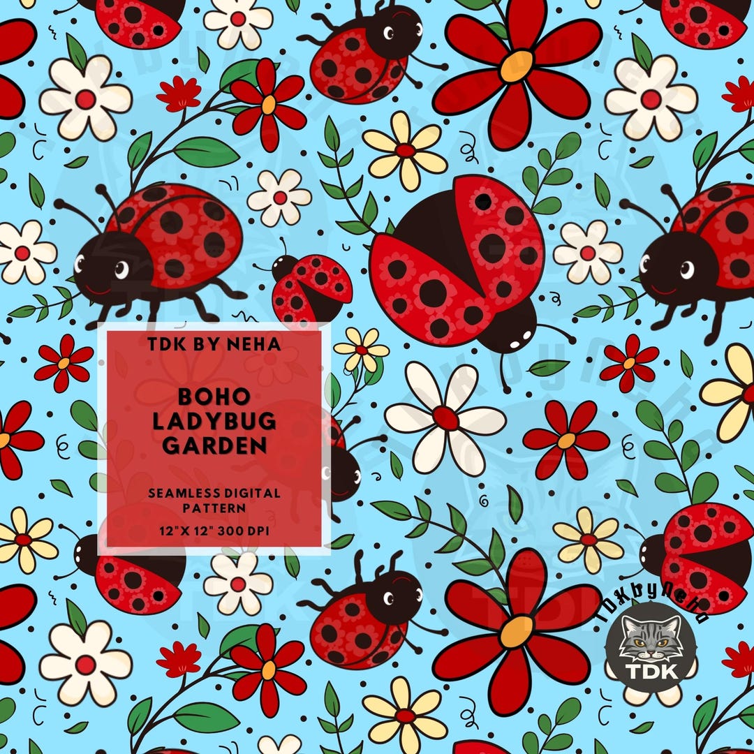 Boho Floral Ladybug Seamless Pattern Digital Paper for Fabric Printing ...
