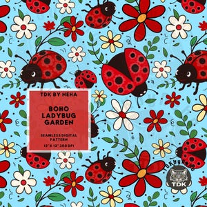 Boho blommig nyckelpiga sömlöst mönster digitalt papper för tygtryck, sommar daisy trädgård Cottagecore sömlösa upprepade sublimeringsblommor