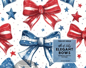 Coquette 4th of July Seamless Digital Paper for Fabric Print, USA Patriotic Red White Blue Bows and Stars Seamless Repeat Sublimation Design