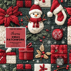 Könnte beinhalten: Ein nahtloses digitales Weihnachts-Patchwork-Muster mit einem Schneemann, Geschenken, Stechpalme, Kugeln und einem Weihnachtsstern. Das Muster ist 12x12 Zoll groß und hat 300 DPI.