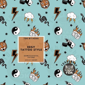 Edgy stijl tattoo naadloos patroon, neutraal tijgersublimatieontwerp, Goth Snake Lightning Bolt Dice digitaal herhaalpapier voor stoffenprint