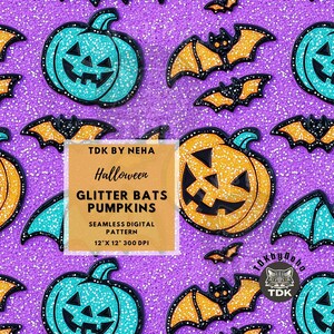 Glitzer-Halloween-Kürbis und Fledermaus Musterdesign Digital Papier Stoff Druck, Jack O Lantern Bat Gruselige Nahtlos Wiederholung Sublimation Design