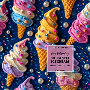 3D-Pastell-Sommer-Eis-Faux-Stickerei Nahtloses digitales Papier für Stoffdruck, Adrette Eistüte Nahtlos zu wiederholen Sublimationsdesign