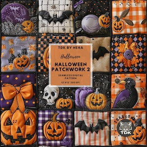 Könnte beinhalten: Ein Patchwork-Design mit Halloween-Motiven. Die Quadrate zeigen Kürbisse, Fledermäuse und einen Totenkopf. Der Text lautet "Halloween Patchwork 2". Das Muster misst 30.48 cm x 30.48 cm.